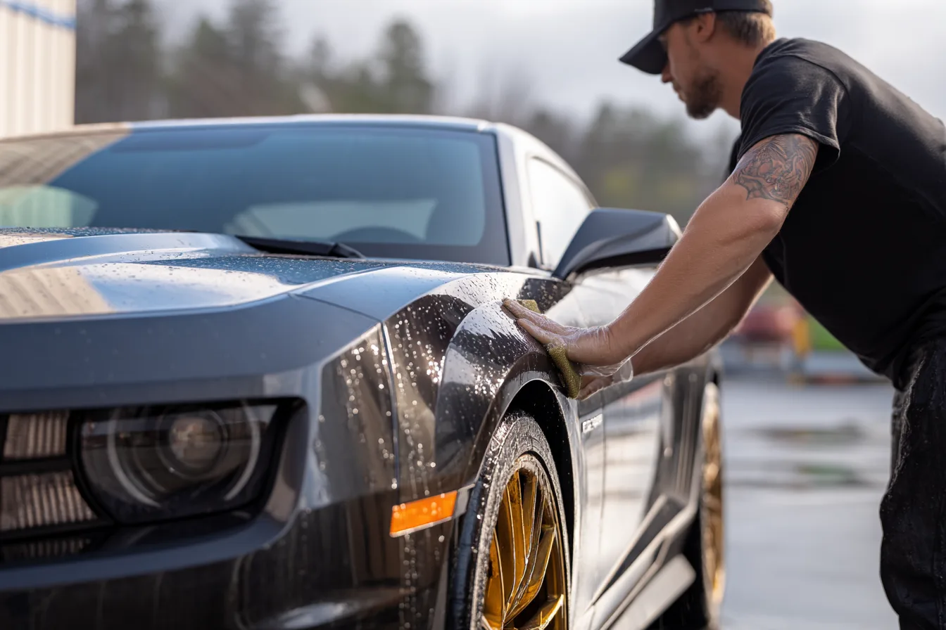 A man with tattoos on his arms is washing or detailing a black sports car with gold rims at an auto detailing business storefront.